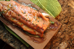 Cedar planked salmon with maple mustard glaze