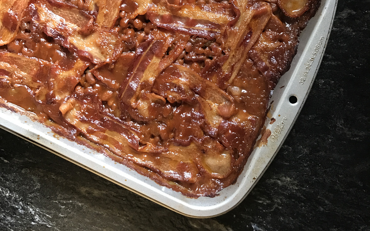 Baked Beans with Crispy Bacon Lattice Top