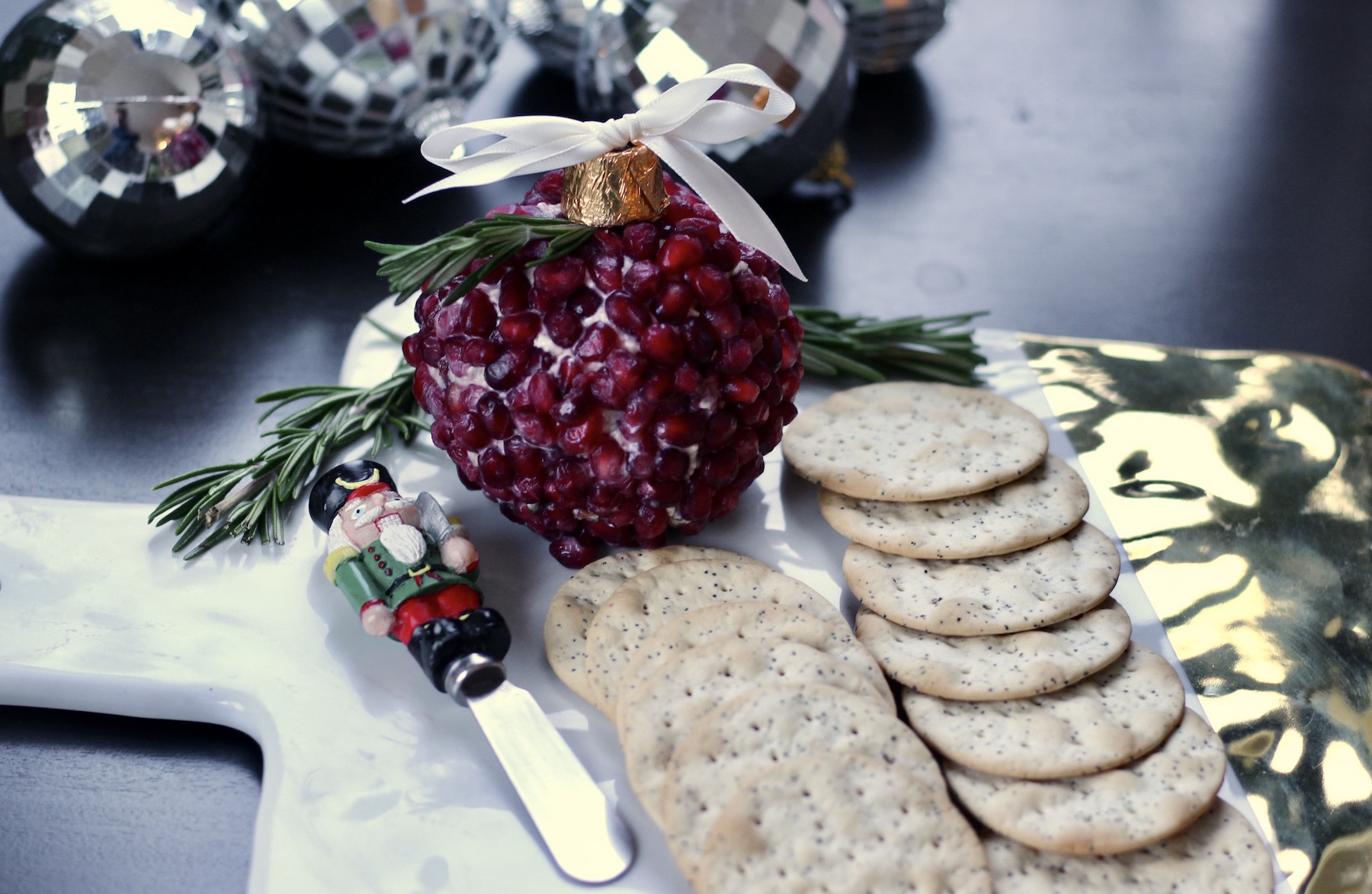 Christmas Ornament Cheeseball with Cranberries, Pecans, & Pomegranate